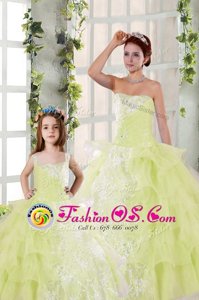 Light Yellow Ball Gowns Beading and Ruffled Layers and Ruching Quinceanera Gowns Lace Up Organza Sleeveless Floor Length