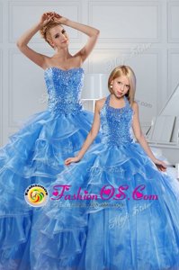 Baby Blue Ball Gowns Organza Sweetheart Sleeveless Beading and Ruffled Layers Floor Length Lace Up Quinceanera Gown