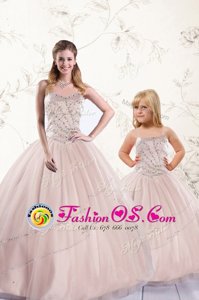 Sleeveless Floor Length Beading Lace Up Quince Ball Gowns with Baby Pink