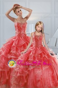 Coral Red Ball Gowns Organza Sweetheart Sleeveless Beading and Ruffled Layers Floor Length Lace Up Quinceanera Gown