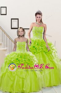 Sweetheart Sleeveless Organza Quince Ball Gowns Beading and Pick Ups Lace Up