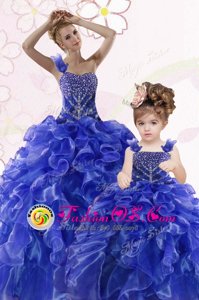 Romantic Royal Blue Lace Up One Shoulder Beading and Ruffles Quince Ball Gowns Organza Sleeveless