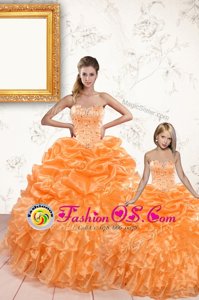 Trendy Orange Ball Gowns Organza Sweetheart Sleeveless Beading and Ruffles and Pick Ups Floor Length Lace Up Sweet 16 Dresses