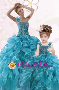Trendy Teal One Shoulder Lace Up Beading and Ruffles Quince Ball Gowns Sleeveless