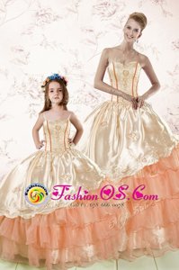 Embroidery and Ruffled Layers Sweet 16 Quinceanera Dress Peach Lace Up Sleeveless Floor Length