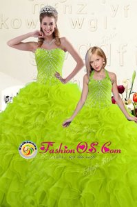 Gold Organza Lace Up Sweetheart Sleeveless Floor Length Ball Gown Prom Dress Beading and Ruffled Layers