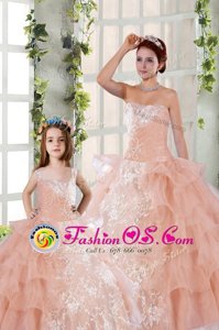 Best Selling Organza Strapless Sleeveless Lace Up Beading and Ruffled Layers and Ruching 15th Birthday Dress in Peach