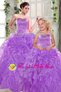 Pretty Beading and Ruffles 15th Birthday Dress Purple Lace Up Sleeveless Floor Length