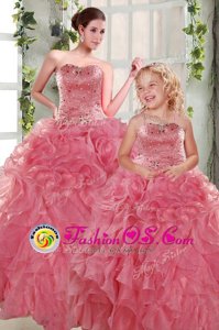 Free and Easy Rose Pink Strapless Lace Up Beading and Ruffles Sweet 16 Dress Sleeveless