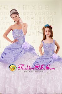 Hot Sale Sweetheart Sleeveless Sweet 16 Dresses Floor Length Beading and Ruffled Layers and Hand Made Flower Lavender Organza and Taffeta