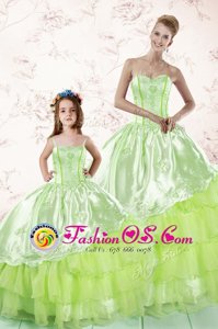 Eye-catching Sleeveless Floor Length Embroidery and Ruffled Layers Lace Up Quince Ball Gowns with Yellow Green
