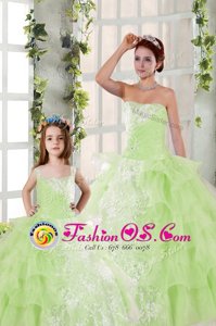 Ruffled Yellow Green Sleeveless Organza Lace Up Quinceanera Gowns for Military Ball and Sweet 16 and Quinceanera