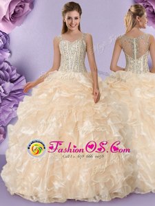 Champagne Ball Gowns Organza Straps Sleeveless Beading and Ruffles Floor Length Zipper Sweet 16 Quinceanera Dress