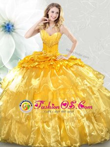 Ideal Gold Organza Lace Up Sweetheart Sleeveless Sweet 16 Dresses Ruffled Layers and Sequins