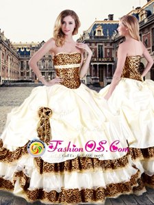 Champagne Sleeveless Floor Length Pick Ups and Hand Made Flower Lace Up Sweet 16 Quinceanera Dress