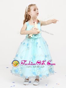 Straps Light Blue A-line Appliques and Bowknot and Hand Made Flower Flower Girl Dress Zipper Organza Sleeveless Ankle Length