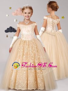 Off the Shoulder Champagne Cap Sleeves Tulle Lace Up Flower Girl Dresses for Party and Quinceanera and Wedding Party
