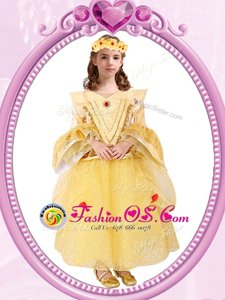 Scoop Gold Zipper Flower Girl Dresses for Less Beading and Sequins Long Sleeves Ankle Length