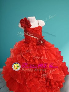 Best Selling Red Lace Up Flower Girl Dresses for Less Beading and Ruffles and Hand Made Flower Sleeveless Floor Length