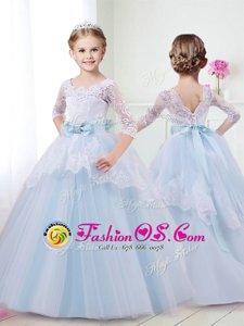 Light Blue Ball Gowns Scoop Half Sleeves Tulle With Brush Train Lace Up Lace and Bowknot Flower Girl Dresses