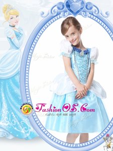 Excellent Scoop Short Sleeves Knee Length Clasp Handle Flower Girl Dress White and Blue and In for Quinceanera and Wedding Party with Beading