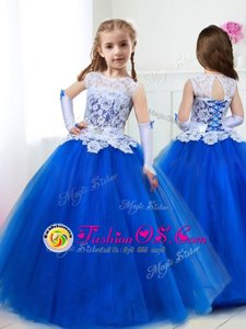 Top Selling Scoop Royal Blue Sleeveless Beading and Lace and Belt Floor Length Toddler Flower Girl Dress
