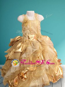 Straps Sleeveless Ruffles and Sequins and Hand Made Flower Lace Up Flower Girl Dress