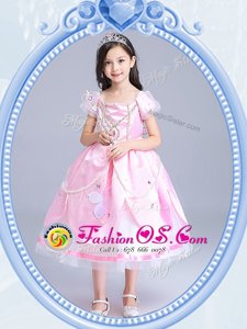 Fashionable Square Baby Pink Short Sleeves Beading and Appliques Tea Length Flower Girl Dresses