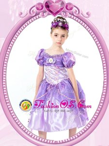 Ball Gowns Flower Girl Dresses Lavender V-neck Organza Short Sleeves Tea Length Clasp Handle