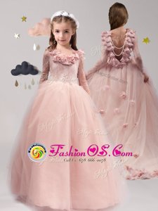 Wonderful Scoop Pink A-line Lace and Appliques and Ruffles Flower Girl Dress Backless Tulle Long Sleeves With Train