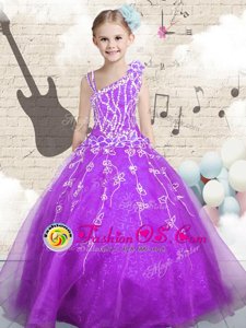 Purple Sleeveless Beading and Appliques and Hand Made Flower Floor Length Little Girl Pageant Gowns