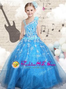 Stunning Floor Length Ball Gowns Sleeveless Baby Blue Kids Formal Wear Lace Up