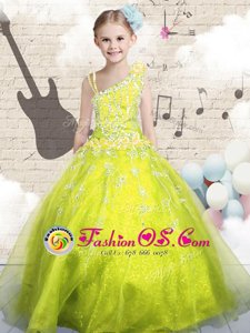 Yellow Green Asymmetric Neckline Beading and Appliques and Hand Made Flower Girls Pageant Dresses Sleeveless Lace Up