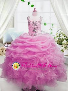 Floor Length Pink Little Girl Pageant Dress Organza Sleeveless Beading and Ruffles and Pick Ups