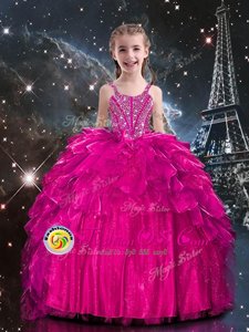 Turquoise Organza Lace Up Halter Top Sleeveless Floor Length Little Girls Pageant Gowns Beading and Ruffles