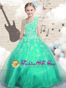 Asymmetric Sleeveless Little Girl Pageant Dress Floor Length Appliques Apple Green Tulle