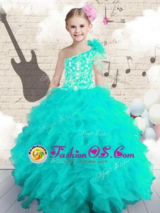 One Shoulder Sleeveless Organza Child Pageant Dress Embroidery and Ruffles and Hand Made Flower Lace Up