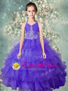 Organza Halter Top Sleeveless Zipper Beading and Ruffled Layers Little Girls Pageant Dress Wholesale in Blue