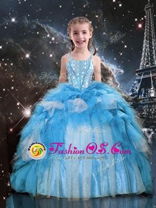 Baby Blue Lace Up Spaghetti Straps Beading and Ruffles Pageant Gowns For Girls Organza Sleeveless