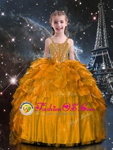 Low Price Ruffled Halter Top Sleeveless Lace Up Kids Pageant Dress Orange Organza