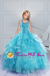 Dramatic Halter Top Aqua Blue Ball Gowns Beading and Ruffles Pageant Gowns For Girls Lace Up Organza Sleeveless Floor Length