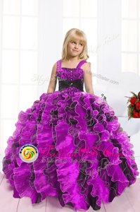 High Class Fuchsia Organza Lace Up Straps Sleeveless Floor Length Little Girl Pageant Dress Beading and Ruffles