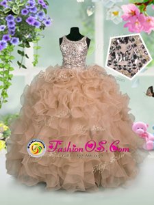 Custom Fit Scoop Peacock Green Sleeveless Beading and Ruffled Layers Floor Length Kids Pageant Dress