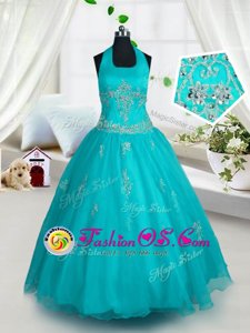 Sweet Aqua Blue Lace Up Halter Top Appliques Pageant Gowns For Girls Tulle Sleeveless
