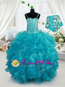 Ball Gowns Girls Pageant Dresses Aqua Blue Spaghetti Straps Organza Sleeveless Floor Length Lace Up