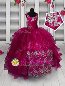 Floor Length Fuchsia Pageant Gowns For Girls Organza Sleeveless Appliques and Ruffled Layers
