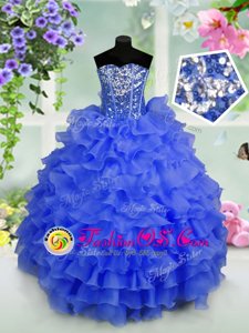 Royal Blue Organza Lace Up Straps Sleeveless Floor Length Little Girls Pageant Gowns Beading and Ruffles