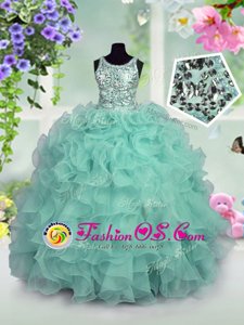 Scoop Sequins Turquoise Sleeveless Organza Zipper Kids Pageant Dress for Party and Wedding Party