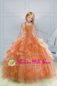 Halter Top Sleeveless Kids Pageant Dress Floor Length Beading and Ruffles Orange Organza