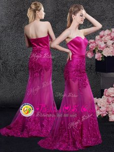High Class Fuchsia Mermaid Satin and Tulle Sweetheart Sleeveless Lace and Appliques Floor Length Zipper Mother Of The Bride Dress Sweep Train